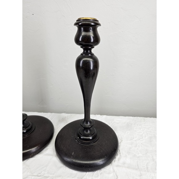 Antique 1900's Dark Wood Candlestick Holders Pair Ornate Brass Top Elegant - Picture 2 of 9